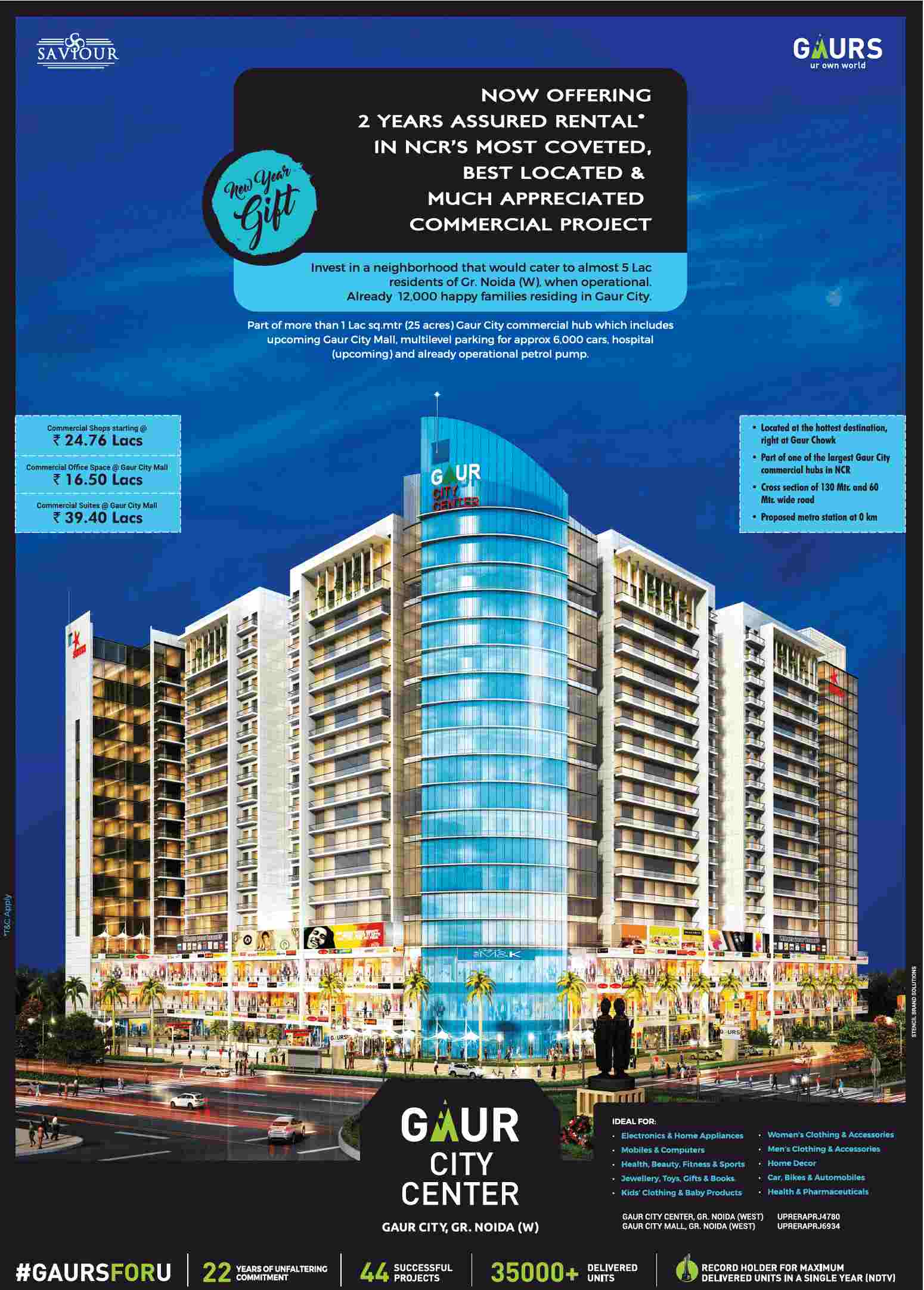 Invest in a neighborhood that would cater to almost 5 Lac residents at Gaur Saviours City Center in Greater Noida